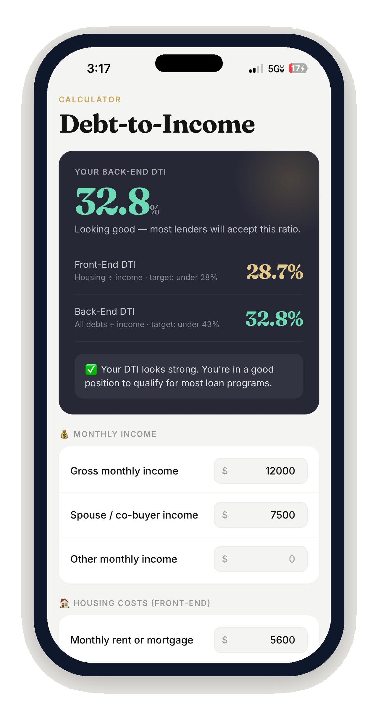 Debt-to-income calculator showing a 32.8% back-end ratio with green status