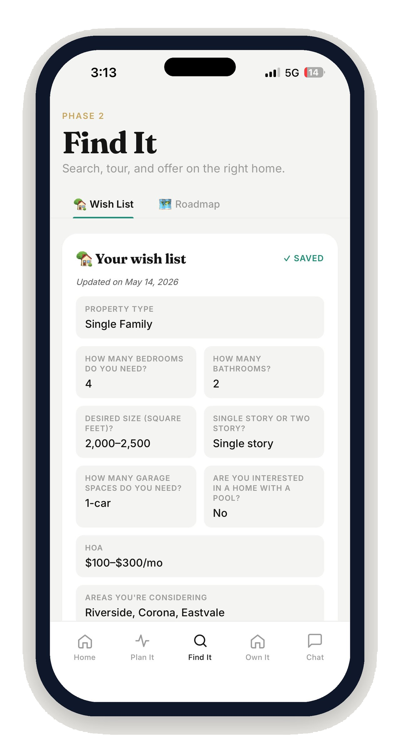 Find It wish list with property type, bedrooms, areas filled in