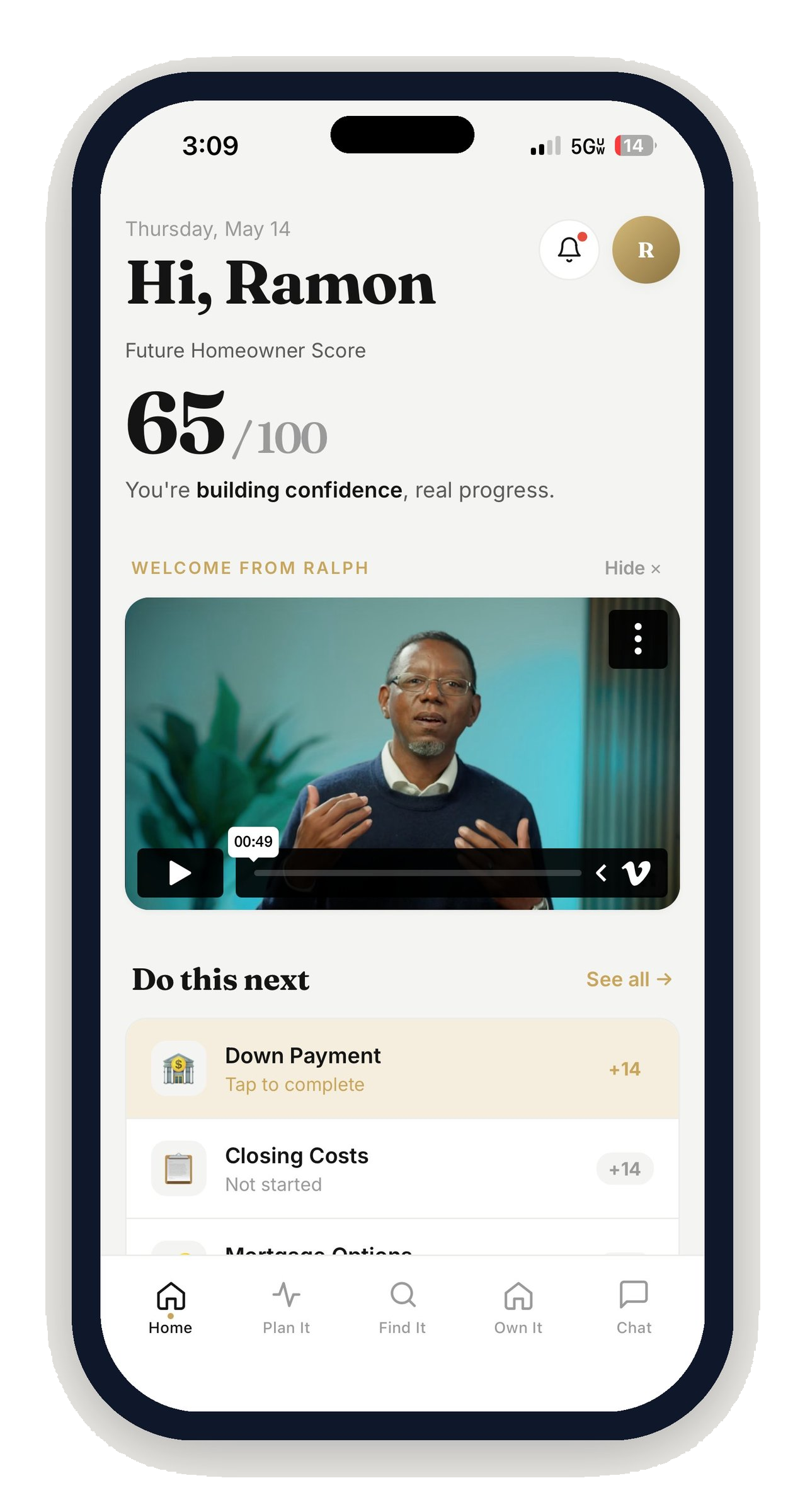 The Future Homeowner Plan app home screen showing a Future Homeowner Score of 65 out of 100
