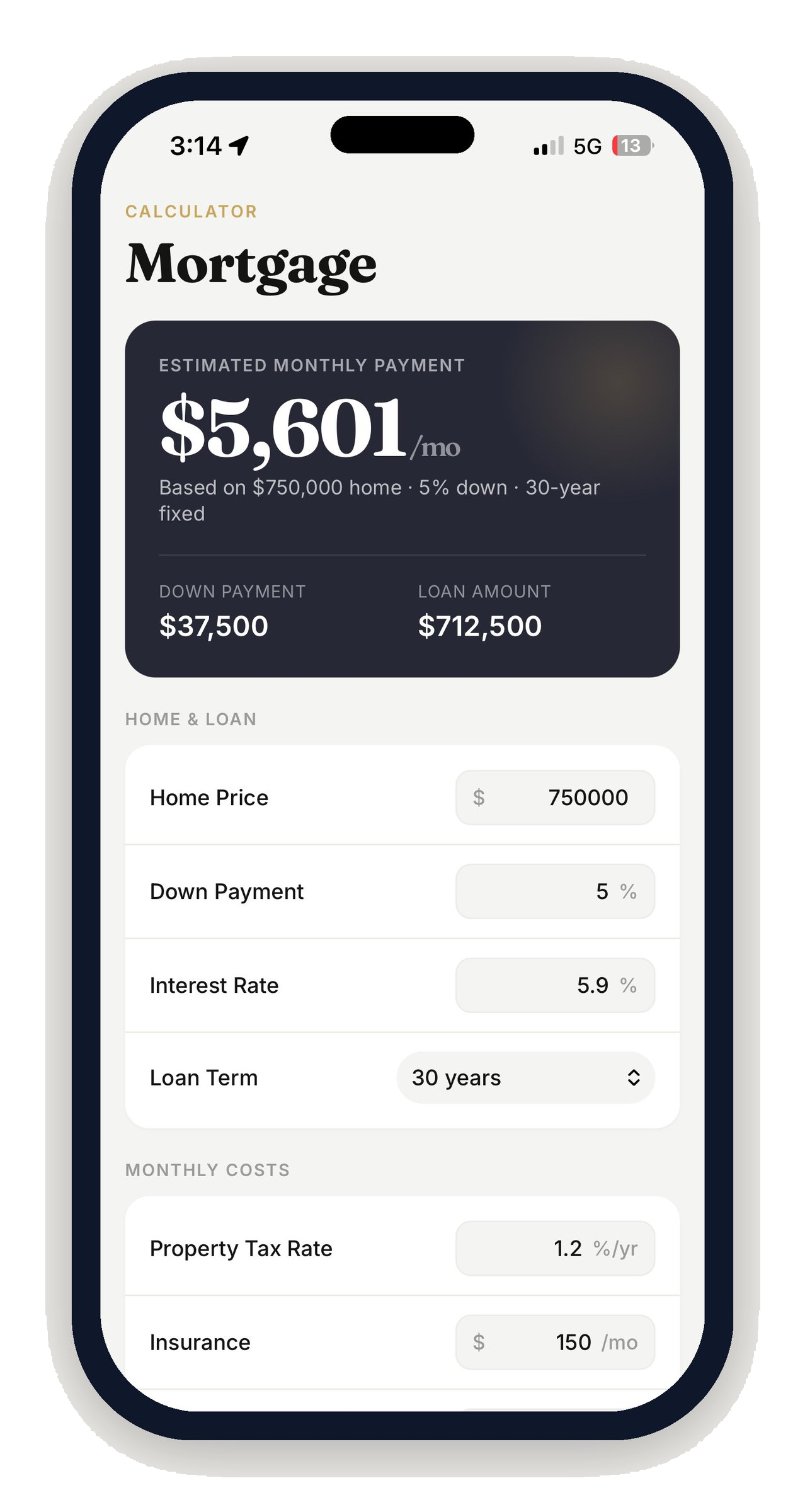Mortgage calculator showing $5,601 per month based on a $750,000 home