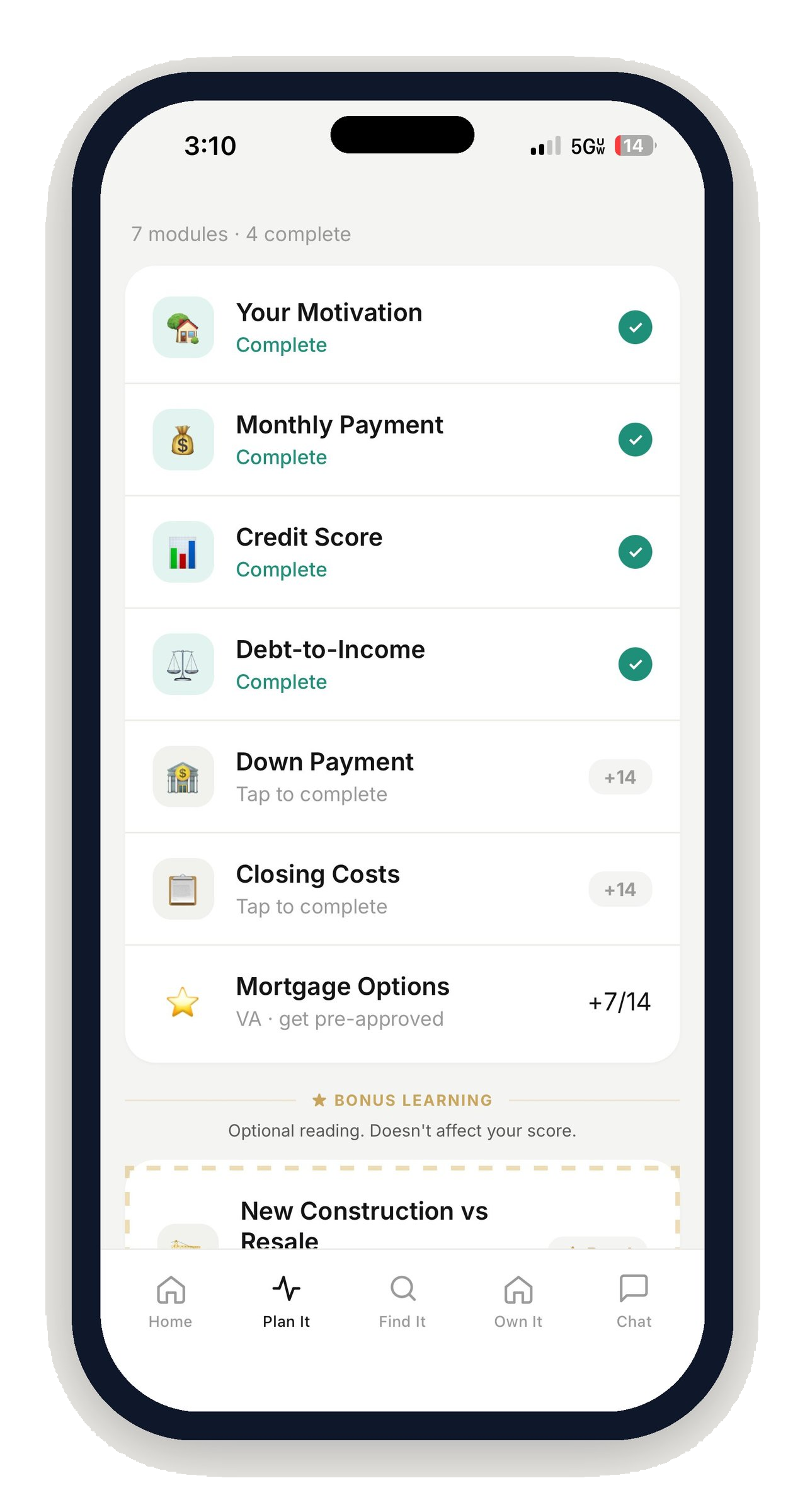 Plan It tab showing 7 modules with progress